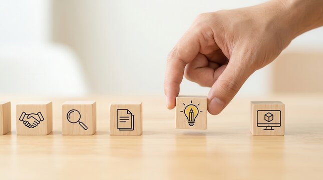 Wooden blocks with icons illustrate the key stages of the Design Thinking Process, a solution-focused methodology for innovation.