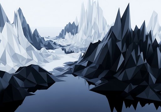 Abstract polygonal mountain landscape with reflective water surface