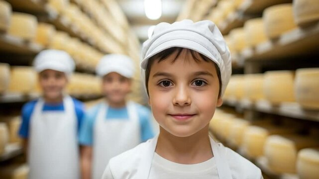 Young girl apprentice in white apron learning traditional cheese making in aging cellar