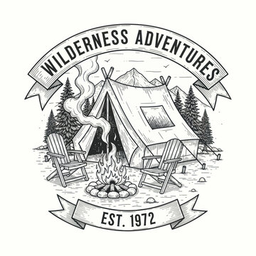 Vintage Wilderness Adventures Camping Scene with Tent and Fire.