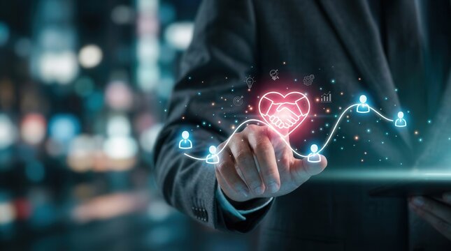Empathy in the workplace is shown through a digital concept of trust and emotional intelligence connecting professional team members via glowing icons.