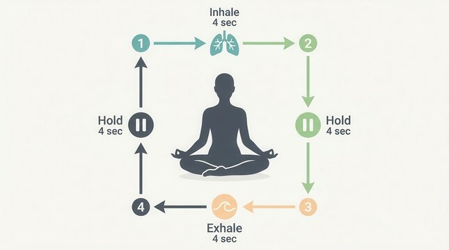 Visual diagram explaining the inhale, hold, and exhale steps of the box breathing meditation technique, featuring a calming icon.