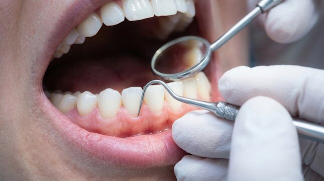 Close-up dental examination showing a mirror and probe on the lower gum near a tooth, vital for restorative dentistry and prosthodontics.