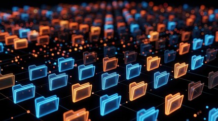 Fototapeta premium Futuristic network grid displaying glowing folder nodes for secure data flow and file management.