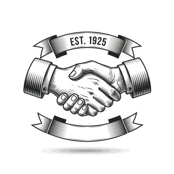 Vintage Handshake Emblem Established 1925 Business Partnership Symbol.