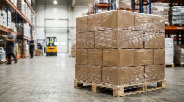 A wooden pallet loaded with boxes is securely wrapped in clear stretch film within a warehouse.