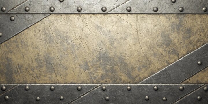 A detailed texture of aged metal plates rivets and worn scratched surfaces