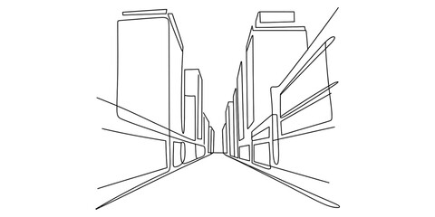 A minimalist continuous line drawing depicting a perspective view of a modern urban city street Vector, illustration © Surjo Stocker_2026