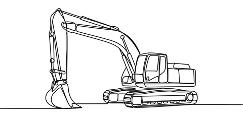 A single line drawing illustration of a heavy construction excavator on a white background image Vector, illustration © Surjo Stocker_2026