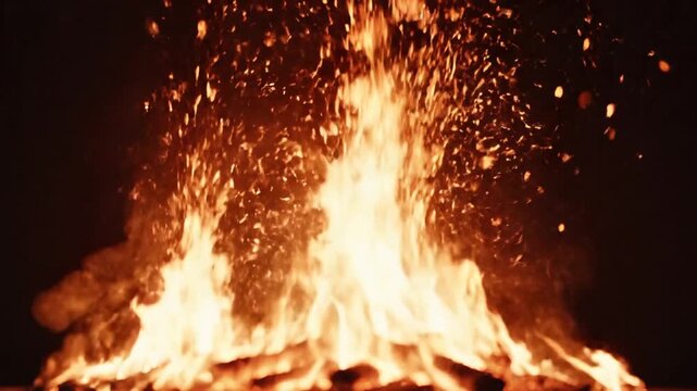 Blazing campfire flames roaring upward in night darkness, intense orange firelight sparks flying, dramatic close-up horizontal photograph