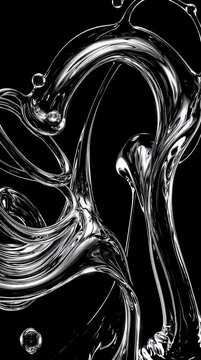 Abstract fluid art with mesmerizing swirling transparent ribbons and droplets against a stark black background, creating a dynamic and ethereal visual