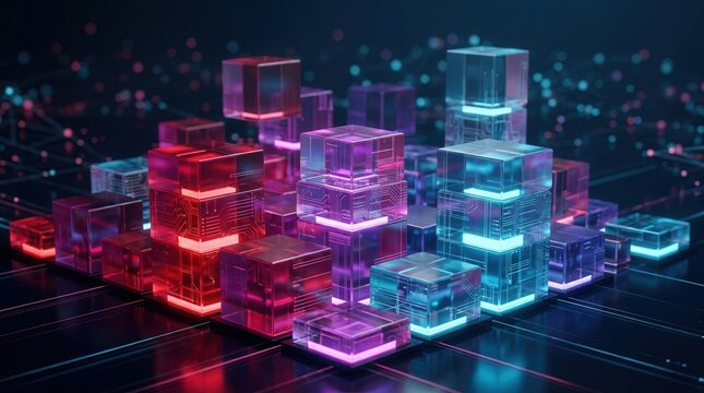 Glowing stacked cube grid visually representing secure data architecture in a digital networked environment.