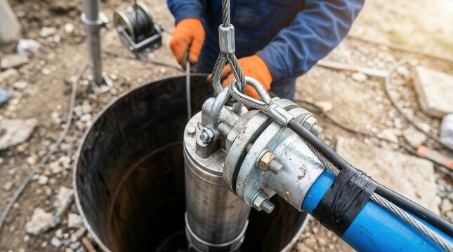 Lowering a submersible water pump into a deep borehole, featuring a robust metal pipe system and wire rope during well drilling installation.