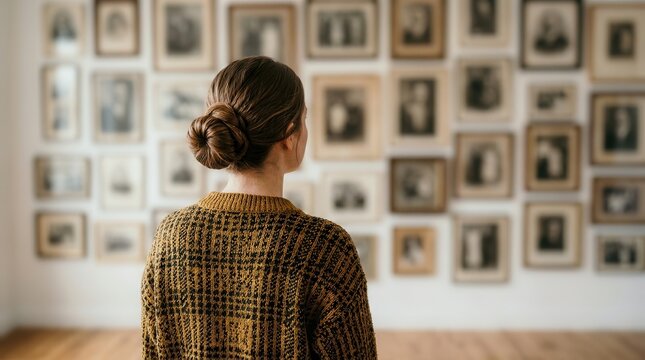 Person viewing a family tree display of ancestor photographs on a wall, symbolizing lineage and memory.