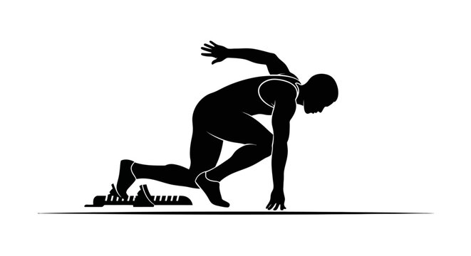 Athlete in starting blocks silhouette, ready to sprint race, track and field