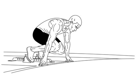Fototapeta premium Runner Crouching at Starting Blocks on Track, Race Preparation, Sprinting