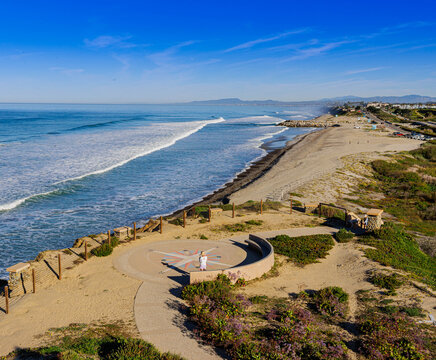 Elevated View of Waves Washing onto The Shore of South Ponto Beach, South Carlsbad State Beach, California, USA