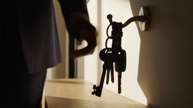 Keys hanging on wall hook with blurred person in warm light