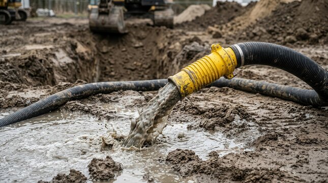 Pumping liquid waste from a septic tank using a large hose and vacuum pump for essential septic system maintenance and waste extraction.