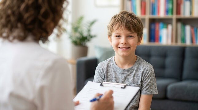 A smiling child engages in behavioral therapy with a psychologist, fostering trust during a supportive assessment session, with a clipboard, couch, and bookshelf visible.