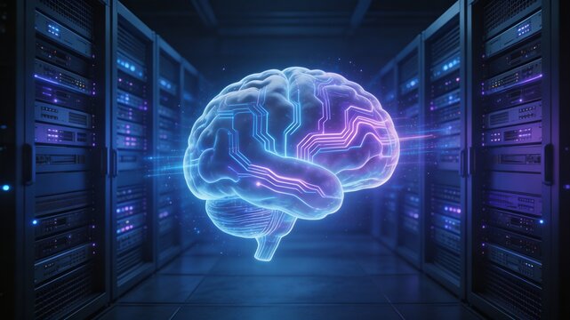 Futuristic AI neural network brain hologram glowing blue digital technology concept