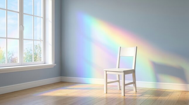 Empty therapy room with a single chair by a window, where soft rainbow light creates a calm, safe space for psychology and psychotherapy sessions, fostering reflection.