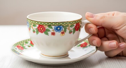 Fototapeta premium Floral teacup and saucer presented with delicate feminine hand holding