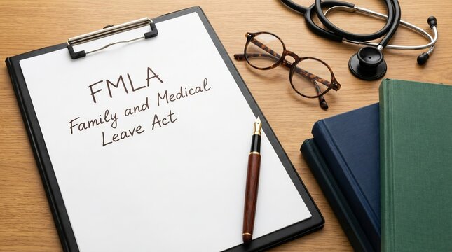 Words &ldquo;FMLA Family and Medical Leave Act" written on paper with a stethoscope and books on desk