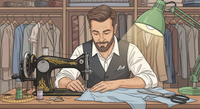 Male Tailor Sewing Garment by Hand and Machine.