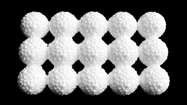 Close-up of twelve pristine white golf balls arranged in perfect three-by-four grid on matte black studio backdrop