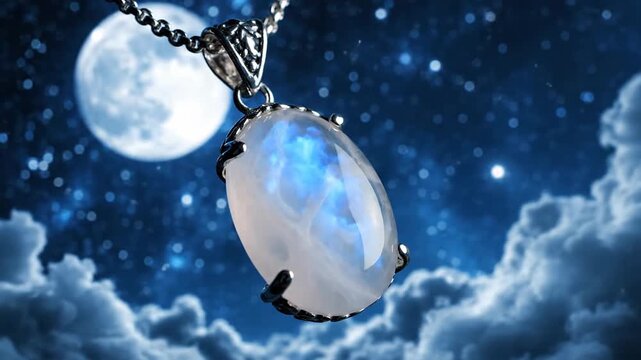 Moonstone Pendant Glowing With Blue Flash Against Night Sky