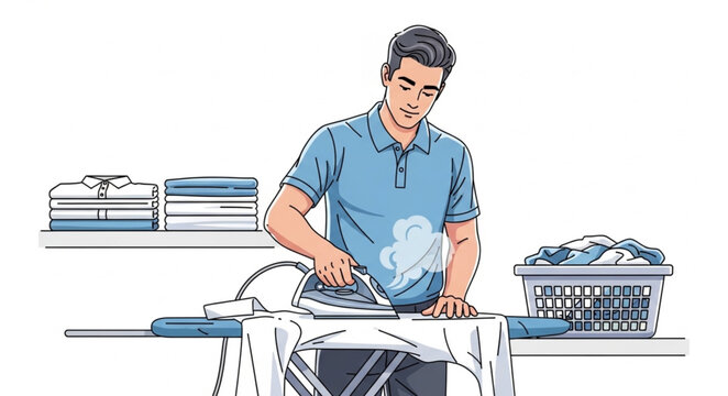 Man ironing clothes on ironingboard performing household task.