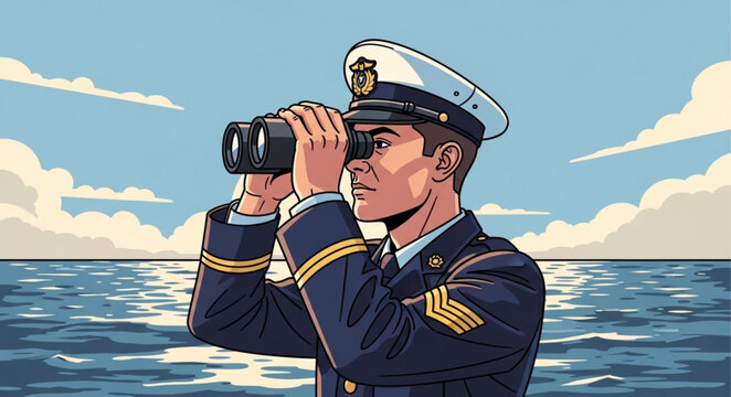 Naval officer in uniform using binoculars at sea.