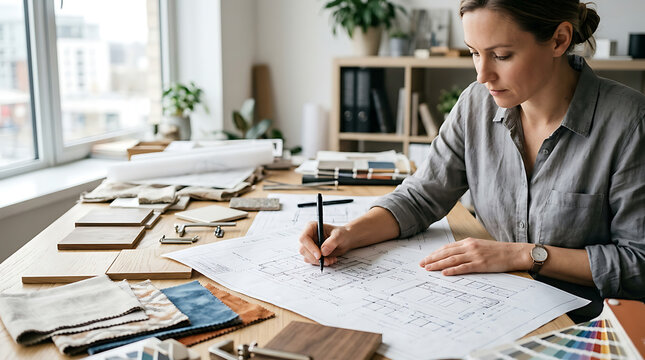 Interior designer working on blueprint with material samples on desk