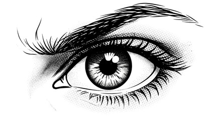 Obraz premium Closeup of detailed human eye with eyelashes and iris in black and white