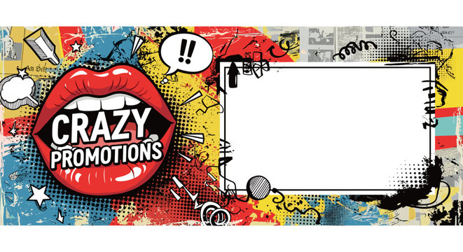 Colorful grunge promotional banner with lips and comic speech bubble