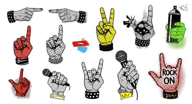 Collection of hand gestures and signs with various symbols and colors