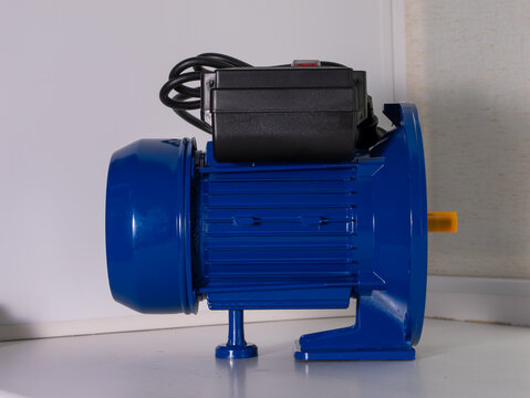 Blue electric motor pump front side product shot
