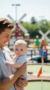 Young Caucasian father bonding with his infant baby at a miniature golf course during summer