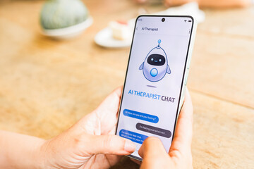 AI therapy, Hands chat on smartphone app for mental health support. Psychological software assistant