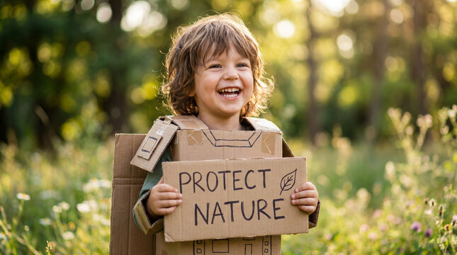 Earth Day Mother Earth child cardboard armor protect nature sign environmental creativity sustainability warrior editorial magazine cover website content