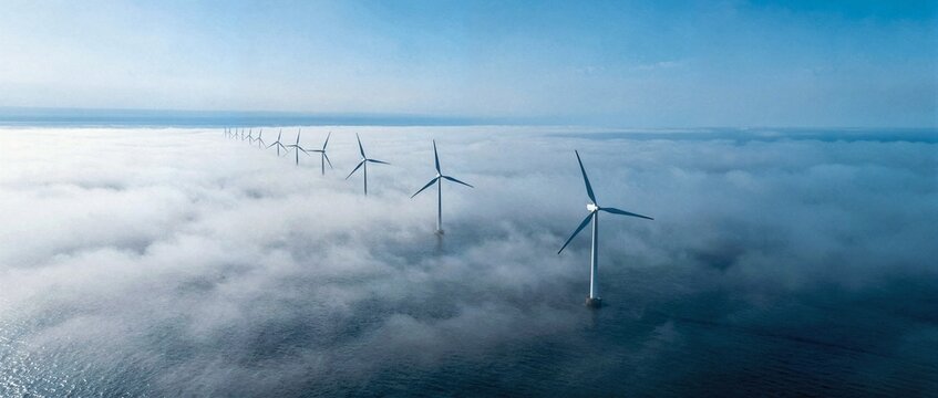An offshore wind farm stands tall in the middle of the ocean with white clouds and mist rolling over the blue water.