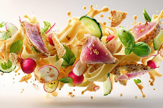 Seared tuna pieces pasta ribbons radishes cucumber slices and basil leaves in a dynamic sauce splash