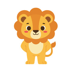 Obraz premium Cute kawaii standing lion facing front flat vector illustration, Cartoon lion character with big mane isolated, Minimalist wild cat mascot icon