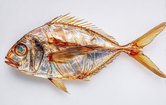 Dried whole fish specimen displaying golden scales and blue eye against a stark white background