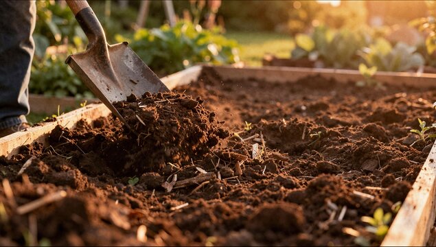 A gardener uses a large metal shovel to turn and aerate rich dark soil in a raised garden bed during a bright golden sunset.