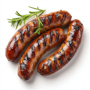 Three grilled sausages with browned char marks garnished with fresh green rosemary sprigs on white