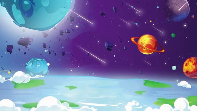 Vibrant cartoon depiction of a fantastical cosmic landscape, featuring colorful planets, shimmering stars, and meteoroids above a serene planet with clouds and water