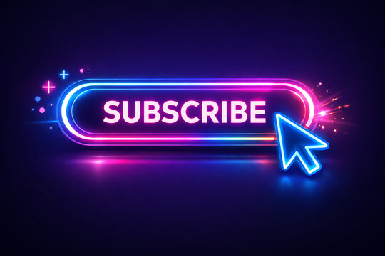 A neon sign reads subscribe with a cursor on a dark background with glowing effects