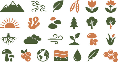 A collection of minimal nature icons featuring earth elements including mountains trees flowers sun and water drops © Septarim
